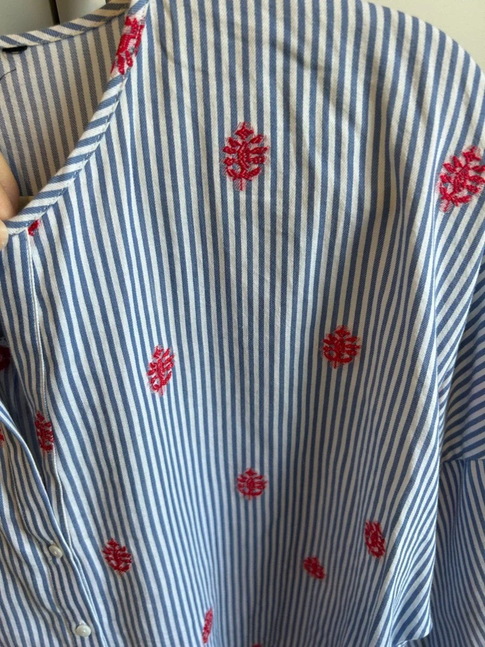 Zara Blue White Striped Blouse with Red Embroidered Flowers - Picture 3 of 4
